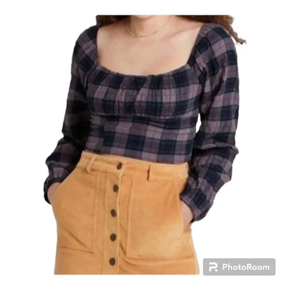 Wild Fable Long Sleeve Crop Top Square Neck Plaid Purple Cotton Size XXL